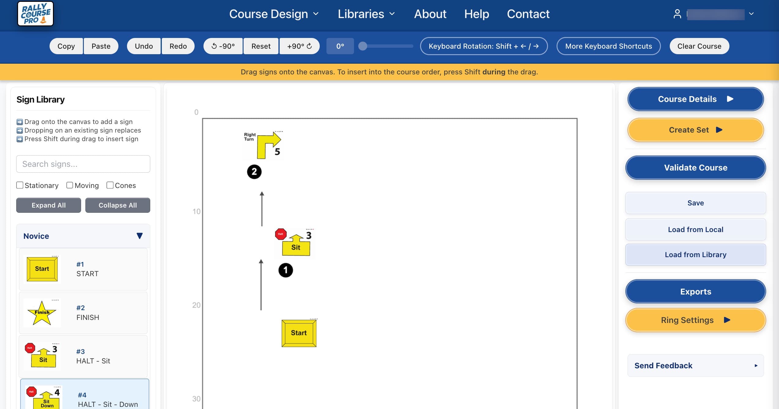 Rally Course Pro editor showing a course layout with sign library, canvas, and action panels